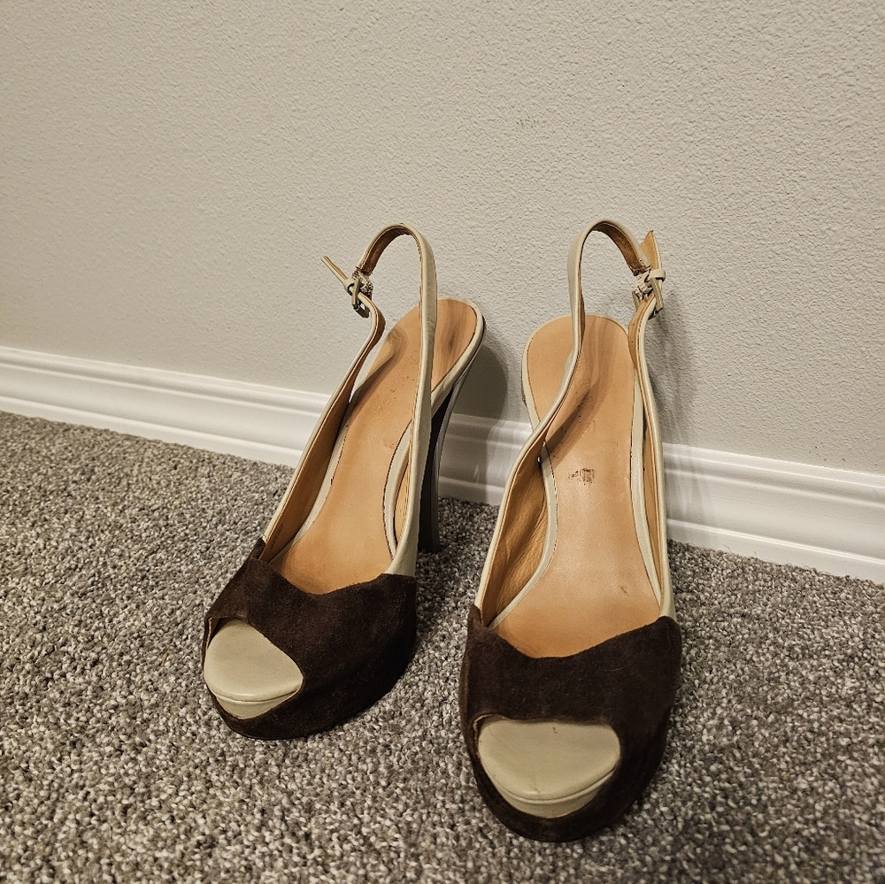 L.A.M.B. Brown and Cream Peep-Toe Heels